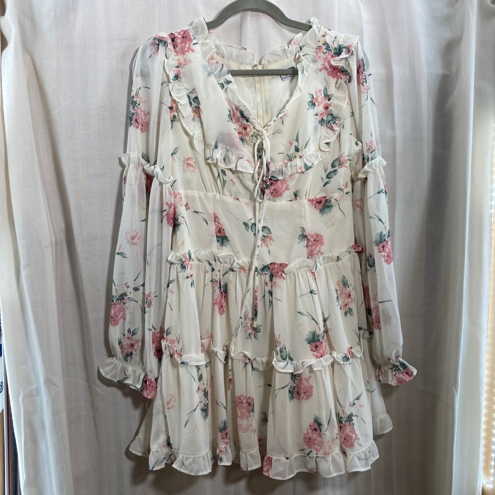 Coquette Cottagecore Floral Ruffle Tiered Fashion Nova Mini Dress Lace Up Pink M